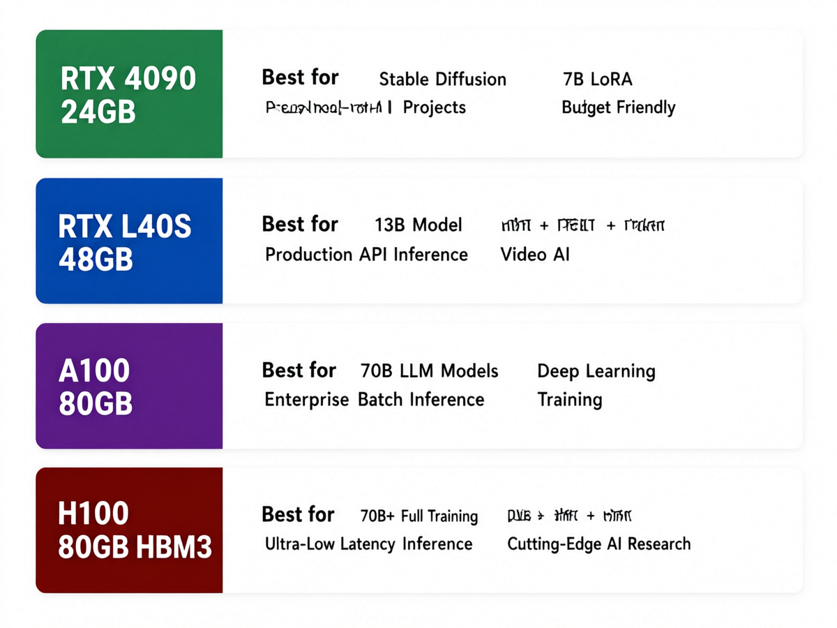 GPU selection guide for AI workloads 2026 - RTX 4090 for personal projects, L40S for production inference, A100 for 70B models, H100 for enterprise training